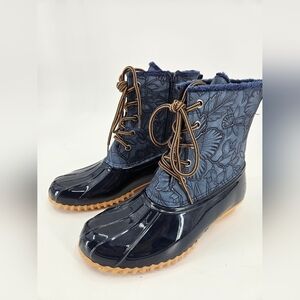 Sporto Navy Blue Floral Tooled Bella Waterproof Lace-Up Duck Boot Zipper Sz 8 M